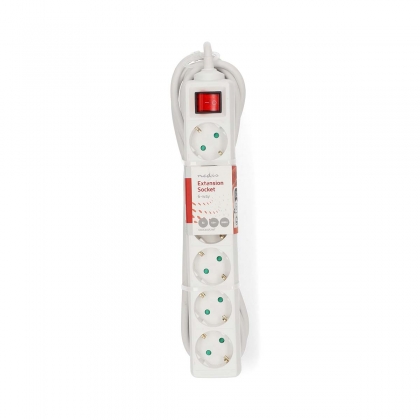 Stekkerdoos | Randaarde stekker / Type F (CEE 7/7) | 6-wegs | 5.00 m | 3680 W | 16 A | Soort aarding: Zijcontacten | 230 V AC 50/60 Hz | Hoek van stopcontact: 45 ° | H05VV-F 3G 1,5 mm² | Aan/uit knop | Wit