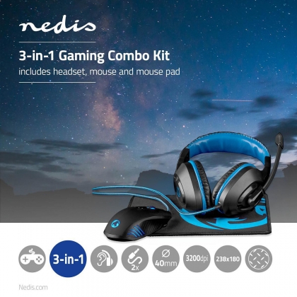 Gaming Combo Kit | 3-in-1 | Koptelefoon, Muis en Muismat | Blauw / Zwart