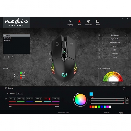 Gaming Muis | Wired & Wireless | 500 / 1000 / 2000 / 3000 / 5000 / 10000 dpi | Instelbare DPI | Aantal knoppen: 7 | Programmeerbare knoppen | Rechtshandig | 1.50 m | RGB