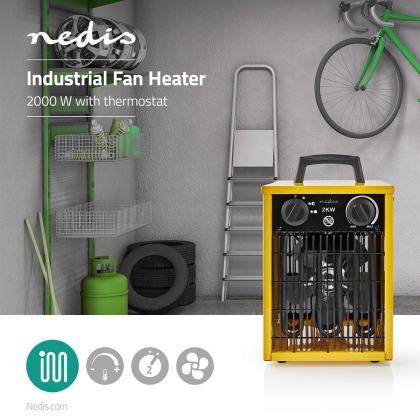 Industrieel ontwerp ventilatorkachel | 1000 / 2000 W | Instelbare thermostaat | 2 Warmte Standen | IP24 | Geïntegreerde handgrepen | Geel