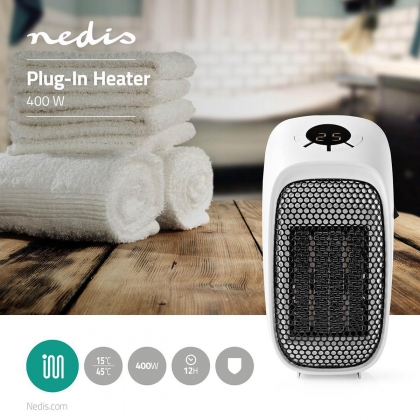 Plug-In Verwarming | 400 W | Instelbare thermostaat | Temperatuurbereik: 15 - 45 °C | LCD | Oververhittingsbeveiliging | Uitschakeltimer: 12 u | Wit / Zwart