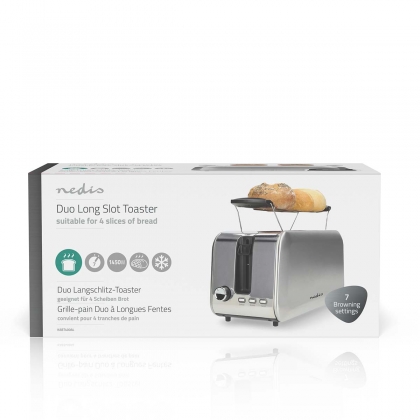 Broodrooster | 4 Sneetjes Brood | 2 Lange Sleuven | Bruining niveaus: 7 | Ontdooifunctie | Aluminium / Zilver