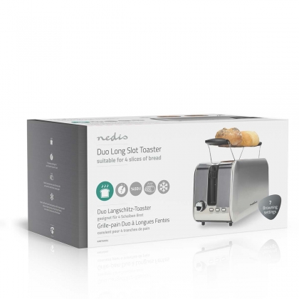 Broodrooster | 4 Sneetjes Brood | 2 Lange Sleuven | Bruining niveaus: 7 | Ontdooifunctie | Aluminium / Zilver