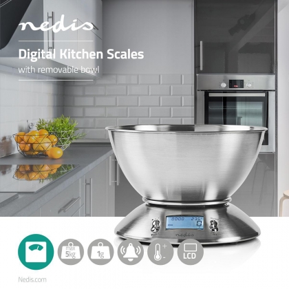 Keukenweegschaal | Digitaal | Roestvrij Staal | Timerfunctie | Met thermometer | Verwijderbare Kom | Zilver