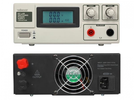 SCHAKELENDE DC-LABOVOEDING 0-60 VDC / 0-15 A MAX. MET LCD-DISPLAY