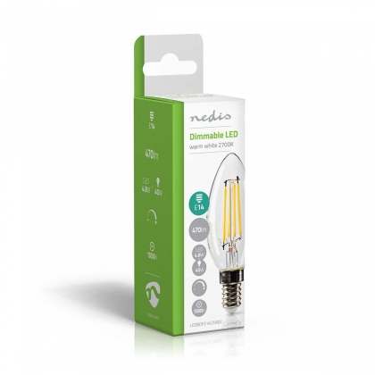 LED-Filamentlamp E14 | Kaars | 4.8 W | 470 lm | 2700 K | Dimbaar | Warm Wit | Retrostijl | 1 Stuks | Doorzichtig