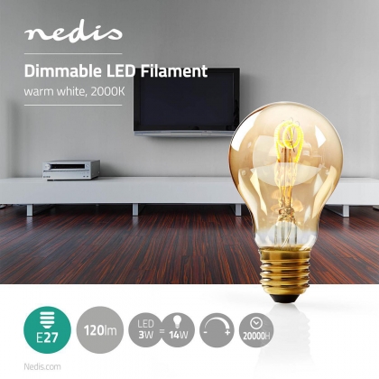 LED-Filamentlamp E27 | A60 | 3 W | 120 lm | 2000 K | Warm Wit | Retrostijl | Aantal lampen in verpakking: 1 Stuks