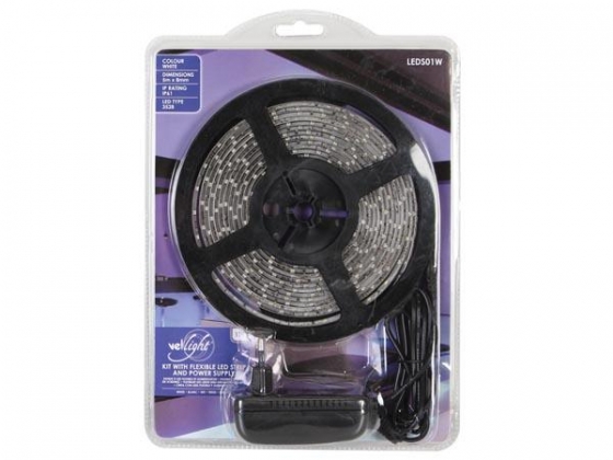 KIT MET FLEXIBELE LEDSTRIP INCL. VOEDING - WIT - 300 LEDS - 5m - 12Vdc