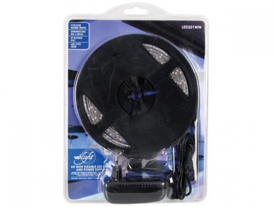 KIT MET FLEXIBELE LEDSTRIP INCL. VOEDING - WARM WIT - 300 LEDS - 5m - 12Vdc