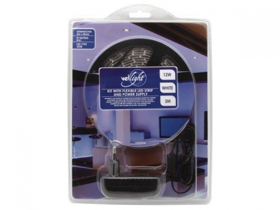 KIT WITH FLEXIBLE LED STRIP AND POWER SUPPLY - WHITE - 180 LEDs - 3m - 12Vdc