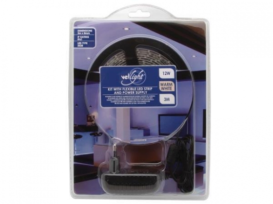 KIT WITH FLEXIBLE LED STRIP AND POWER SUPPLY - WARM WHITE - 180 LEDs - 3m - 12Vdc