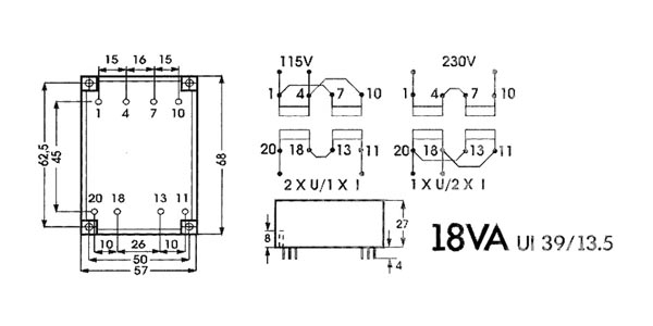 LOW PROFILE TRANSFORMER 18VA 2 x 12V / 2 x 0.750A