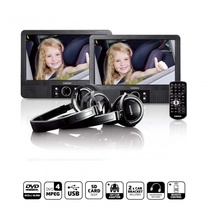 9 inch DVD dubbel scherm met beugels en hoofdtelefoon Zwart