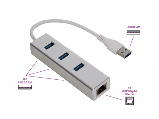 USB 3.0 NAAR GIGABIT NETWERK + 3 POORT USB HUB - ALUMINIUM BEHUIZING