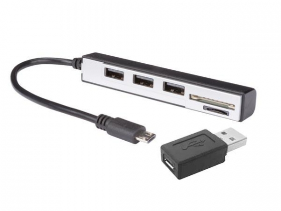 USB 2.0 - Micro USB 2-in-1 SD-/microSD-KAARTLEZER + 3-POORTS USB-HUB 