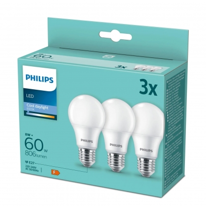 3 stuks Philips LED-lamp 8W E27 A60 6500 Daglicht