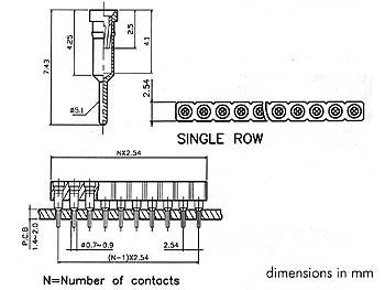 TULPVORMIGE IC VOET, ENKELE RIJ, 20 CONTACTEN, PITCH = 2.54mm