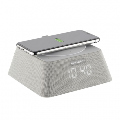 Q-Box FM Wekker - Bluetooth Luidspreker - Qi Powerbank (Grijs)