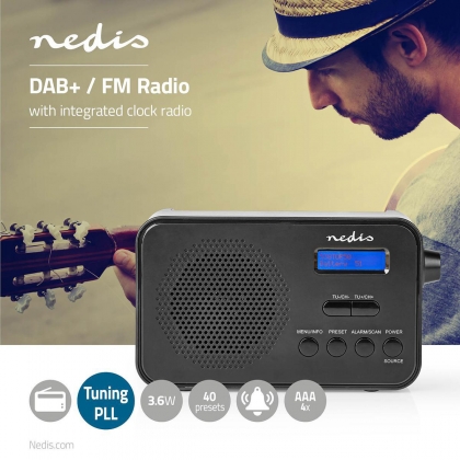 DAB+ Radio | Draagbaar Model | DAB+ / FM | 1.3 " | Zwart-Blauw Scherm | Batterij Gevoed / USB Gevoed | Digitaal | 3.6 W | Bluetooth® | Koptelefoonoutput | Wekker | Slaaptimer | IP20 | Zwart
