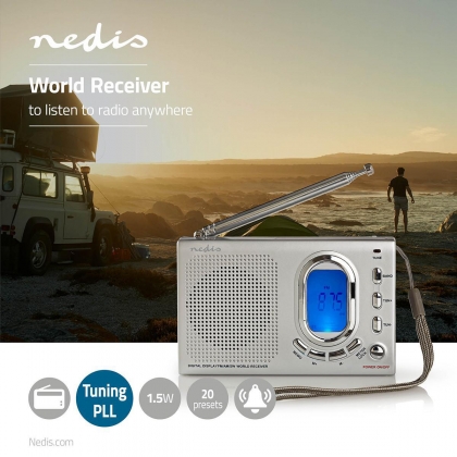 Wereldradio | Draagbaar Model | AM / FM / SW | Batterij Gevoed / Netvoeding | Digitaal | 1.5 W | Koptelefoonoutput | Wekker | Slaaptimer | Grijs