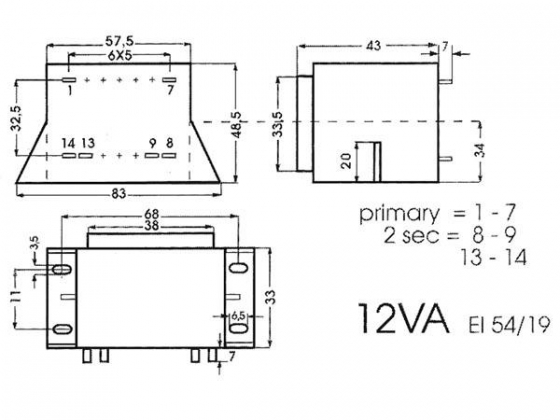 TRANSFORMATOR LAAG PROFIEL 12VA 2 x 6V / 2 x 1.000A