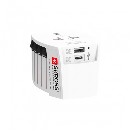 Innovatieve 2-polige wereldreisadapter met geïntegreerde dubbele USB-oplader (1x USB C & 1 x USB)