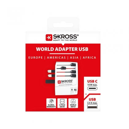 Innovatieve 2-polige wereldreisadapter met geïntegreerde dubbele USB-oplader (1x USB C & 1 x USB)