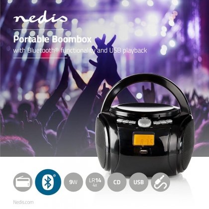 CD-Speler Boombox | Batterij Gevoed / Netvoeding | Stereo | 9 W | Bluetooth® | FM | USB-weergave | Handgreep | Zwart