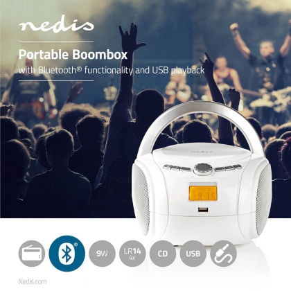 CD-Speler Boombox | Batterij Gevoed / Netvoeding | Stereo | 9 W | Bluetooth® | FM | USB-weergave | Handgreep | Wit