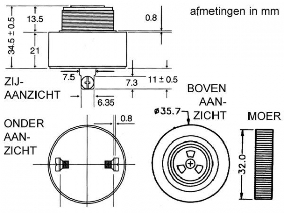 BUZZER MET REGELBAAR VOLUME 3-24Vdc - ONONDERBROKEN TOON - SCHROEFMONTAGE