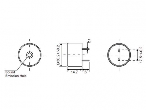 PIEZO-ZOEMER 3 - 20 VDC - ø 30.2 mm - hoogte 15 mm - pitch 17.5 mm