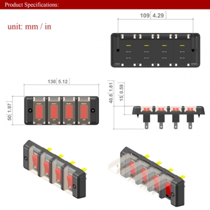 4-voudig 12 Volt schakelpaneel met LED indicatie