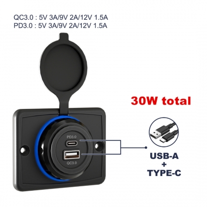 USB C / USB A QC3.0 LAADAANSLUITING 12/24V OPBOUW 30W