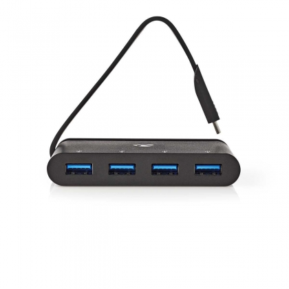 USB Multi-Port Adapter | USB 3.2 Gen 1 | USB-C™ Male | 4x USB-A | Rond | Vernikkeld | Zwart | Window Box met Euro Lock