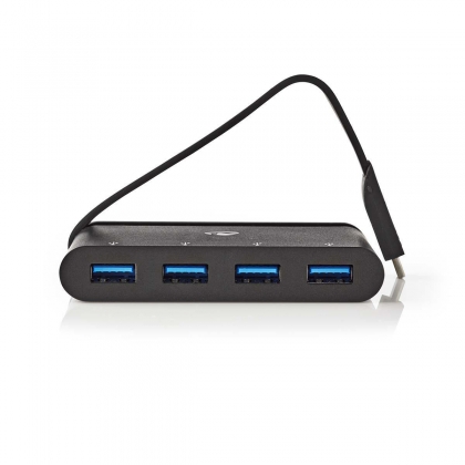 USB Multi-Port Adapter | USB 3.2 Gen 1 | USB-C™ Male | 4x USB-A | Rond | Vernikkeld | Zwart | Window Box met Euro Lock