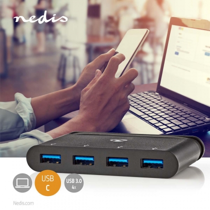 USB Multi-Port Adapter | USB 3.2 Gen 1 | USB-C™ Male | 4x USB-A | Rond | Vernikkeld | Zwart | Window Box met Euro Lock