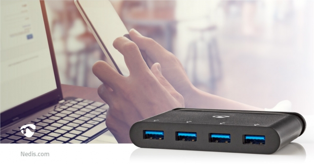 USB Multi-Port Adapter | USB 3.2 Gen 1 | USB-C™ Male | 4x USB-A | Rond | Vernikkeld | Zwart | Window Box met Euro Lock