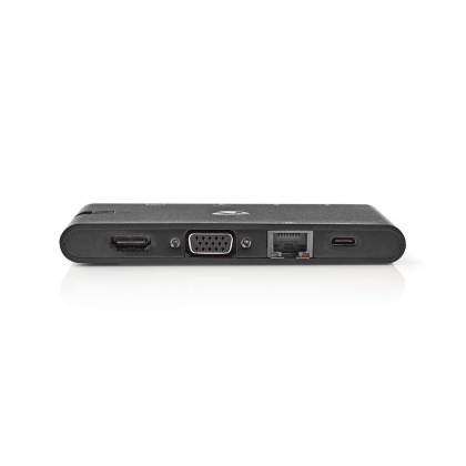 USB Docking Station | USB 3.2 Gen 1 | USB-C™ Male | HDMI™ Female / Micro SD / RJ45 Female / SD / VGA Female 15p / 2x USB-A / 2x USB-C™ | Rond | Vernikkeld | Zwart | Window Box met Euro Lock