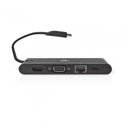 USB Docking Station | USB 3.2 Gen 1 | USB-C™ Male | HDMI™ Female / Micro SD / RJ45 Female / SD / VGA Female 15p / 2x USB-A / 2x USB-C™ | Rond | Vernikkeld | Zwart | Window Box met Euro Lock