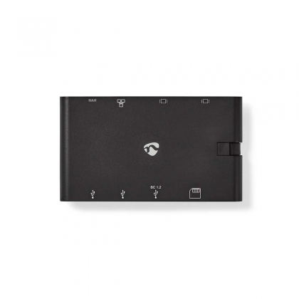 USB Docking Station | USB 3.2 Gen 1 | USB-C™ Male | HDMI™ Female / Micro SD / RJ45 Female / SD / VGA Female 15p / 2x USB-A / 2x USB-C™ | Rond | Vernikkeld | Zwart | Window Box met Euro Lock
