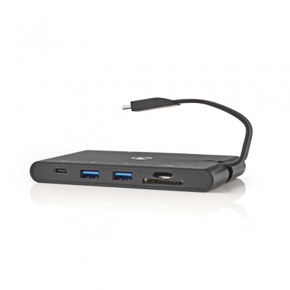 USB Docking Station | USB 3.2 Gen 1 | USB-C™ Male | HDMI™ Female / Micro SD / RJ45 Female / SD / VGA Female 15p / 2x USB-A / 2x USB-C™ | Rond | Vernikkeld | Zwart | Window Box met Euro Lock