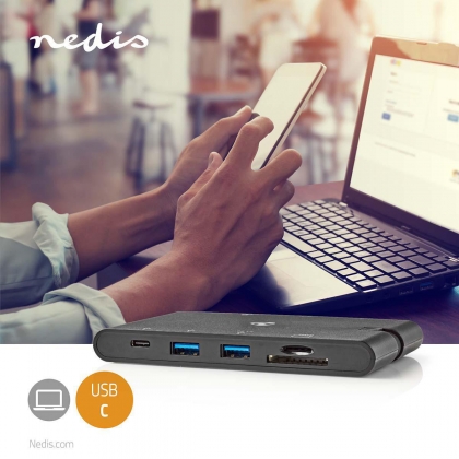 USB Docking Station | USB 3.2 Gen 1 | USB-C™ Male | HDMI™ Female / Micro SD / RJ45 Female / SD / VGA Female 15p / 2x USB-A / 2x USB-C™ | Rond | Vernikkeld | Zwart | Window Box met Euro Lock