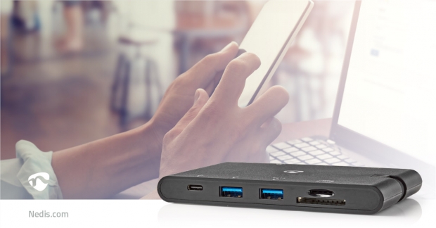 USB Docking Station | USB 3.2 Gen 1 | USB-C™ Male | HDMI™ Female / Micro SD / RJ45 Female / SD / VGA Female 15p / 2x USB-A / 2x USB-C™ | Rond | Vernikkeld | Zwart | Window Box met Euro Lock