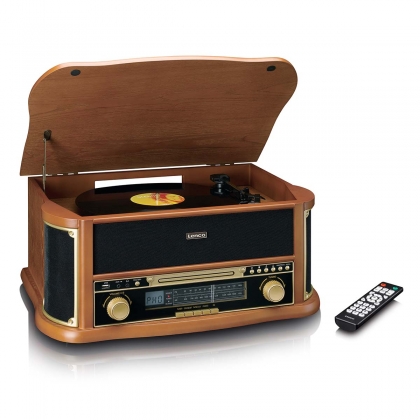 Houten retro platenspeler met Bluetooth® AM/FM-radio USB-codering CD-speler cassettespeler en ingebouwde luidsprekers