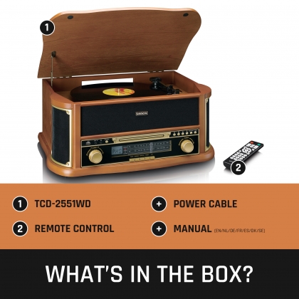 Houten retro platenspeler met Bluetooth® AM/FM-radio USB-codering CD-speler cassettespeler en ingebouwde luidsprekers