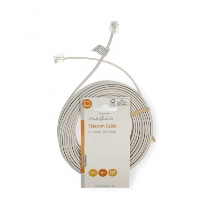 Telecomkabel | RJ11 Male | RJ11 Male | 10.0 m | Kabel design: Plat | Goud Verguld | Kabeltype: RJ11 | Wit | Label