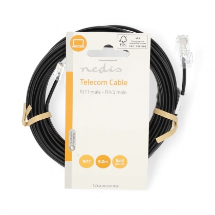 Telecomverlengkabel | RJ11 Male | RJ45 Male | 5.00 m | Kabel design: Plat | Connectorplating: Goud Verguld | Kabeltype: RJ11 | Zwart | Label