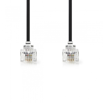 Telecomkabel | RJ11 Male | RJ11 Male | 10.0 m | Kabel design: Plat | Connectorplating: Goud Verguld | Kabeltype: RJ11 | Zwart