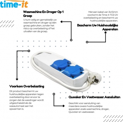 Time-it TCD 2V Combischakelaar | Combiregelaar | Wasmachine & Drogerschakelaar | Vaatwasser & Quooker schakelaar |1,5 meter 3x1.5mm²
