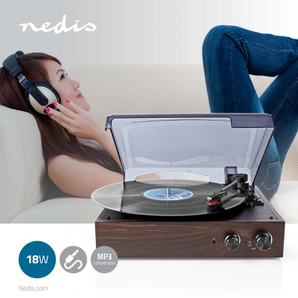 Platenspeler | 33 / 45 / 78 rpm | Riemaandrijving | 1x Stereo RCA | 18 W | Ingebouwde (voor) versterker | MP3 conversie | ABS / MDF | Bruin